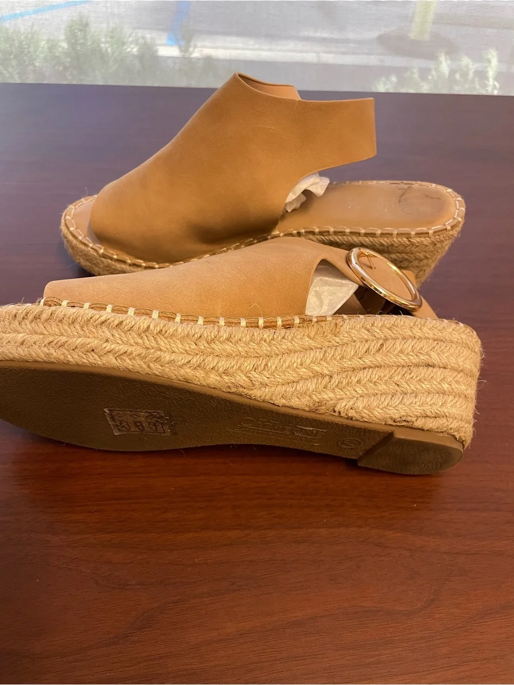 Catherine Malandrino Tan Open-Toe Wedge Espadrille with Gold Buckle
